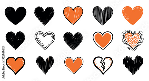 Collection of diverse handdrawn heart symbols with various textures and colors perfect for expressing love emotion or creating romantic themed greeting items and digital content