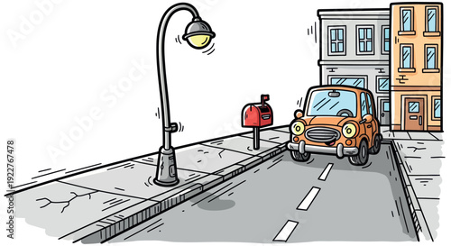 A cheerful small orange car is driving down a quiet street past a lamppost, mailbox, and town buildings, perfect for themes of urban life and local transportation.