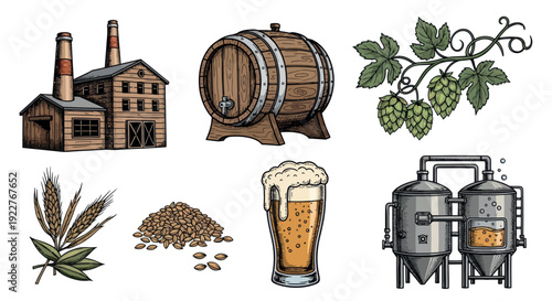 Visual assortment of beer brewing components with brewery, wooden barrel, fresh hops, wheat, malted barley, foamy glass of beer, and industrial fermentation tanks.