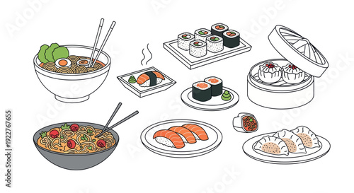 A diverse visual compilation of popular Asian cuisine featuring authentic Japanese ramen, fresh sushi, delicate dim sum, savory gyoza, and vibrant kimchi, perfect for menus and food media.