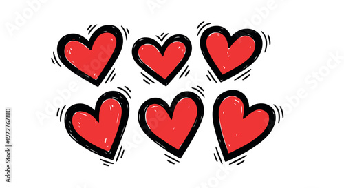 Six vibrant red hearts with bold black outlines and subtle movement lines are perfect graphic elements for expressing love, passion, and affection in various romantic themed projects and