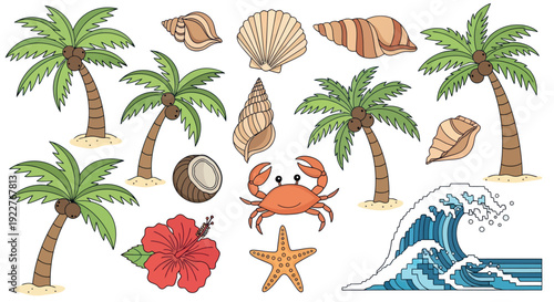 A vibrant collection of tropical beach elements perfect for summer vacation themed promotions travel advertisements and holiday event invitations