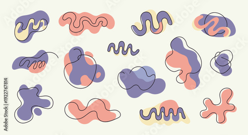 Modern abstract fluid shapes collection with wavy lines in soft pastel colors providing versatile graphics for contemporary design projects and branding materials