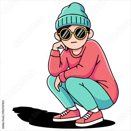 Illustration of a young boy walking with confidence and style wearing casual clothing and accessories on a transparent background from a side viewpoint
