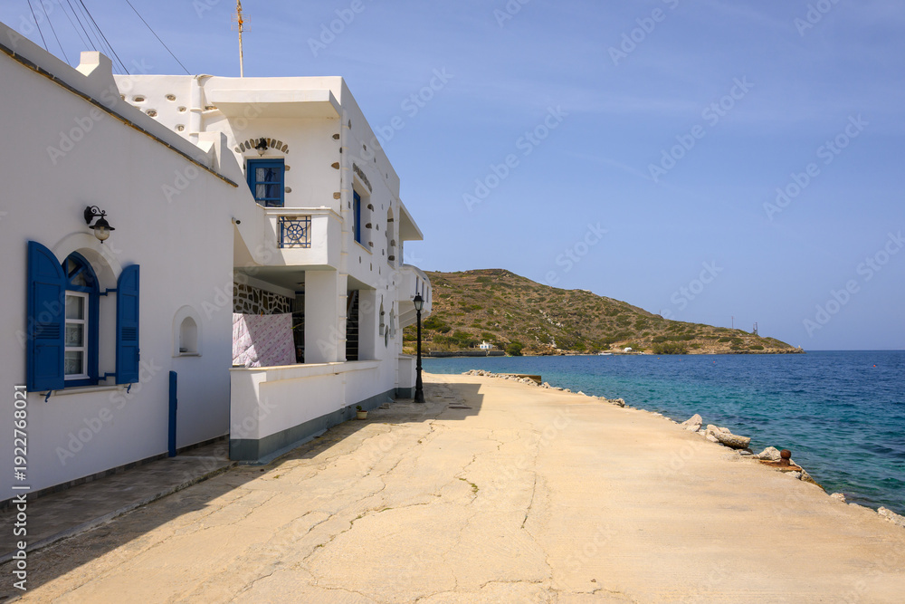 Obraz premium Seaside promenade in Katapola port on Amorgos island. Cyclades, Greece