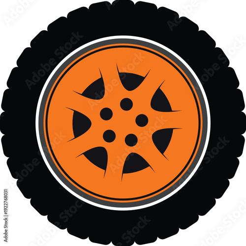 Black rubber wheel tire design. Wheel tires. Car tire tread tracks, Mini Van racing wheel mascot design. Tires road maintenance vector automobile. Auto Van wheel tyre. Vector illustration rim design