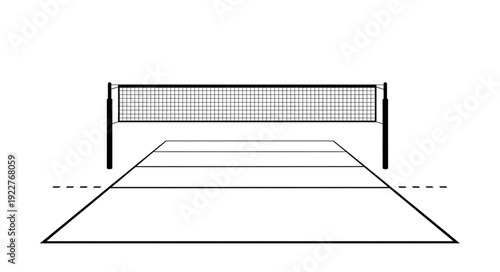 Volleyball court with net, lines, and boundaries, ready for a match.