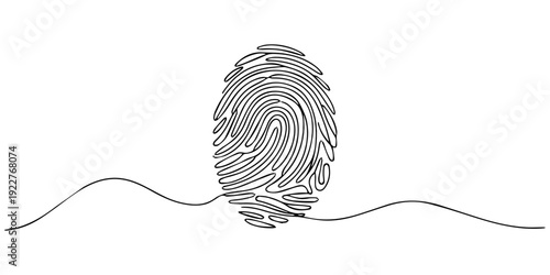 human footprint continuous one line drawing, Linear drawing of a fingerprint. Continuous line drawing of biometric scan symbol on white background, Continuous one line drawing of a fingerprint.