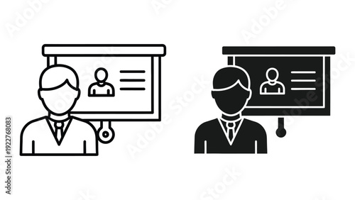 Business professional presenting employee profile information on a projection screen during a meeting or lecture