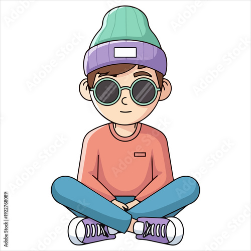 Illustration of a young boy walking with confidence and style wearing casual clothing and accessories on a transparent background from a side viewpoint