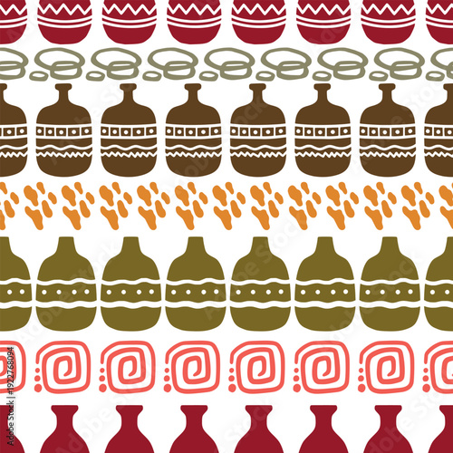 Boho seamless pattern with rows of hand drawn pottery vases and ethnic ornaments
