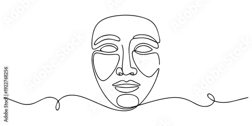 Greek mask continuous one line drawing, Greek mask continuous one line drawing, opera event symbols continuous hand drawn. Theater mask continuous one line drawing, Theater mask tragedy and humor one