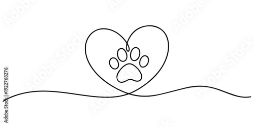 dog paw with love shape continuous one line drawing, Heart with cat or dog paw in continuous one line drawing logo. Minimal line art. Animal foorprint in heart, Dog and cat paw hearts drawn in one