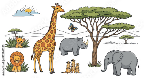 A charming collection of African savannah animals including a towering giraffe, a strong rhinoceros, a majestic elephant, a playful lion cub, a regal lion, and curious meerkats under a