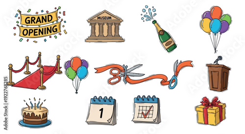 Engage audiences with a lively event celebration graphic featuring a grand opening banner, champagne popping, red carpet, ribbon cutting, cake, and calendar for event planning and marketing