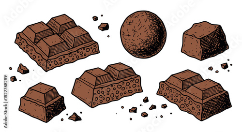 Various delicious chocolate pieces including broken bars, individual squares, and a tempting round truffle are perfect for sweet treat promotions and confectionery designs