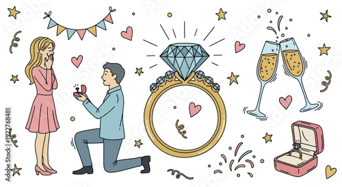 Romantic marriage proposal with a man kneeling and offering an engagement ring to a happy woman, surrounded by festive hearts, stars, champagne, and confetti, perfect for love and