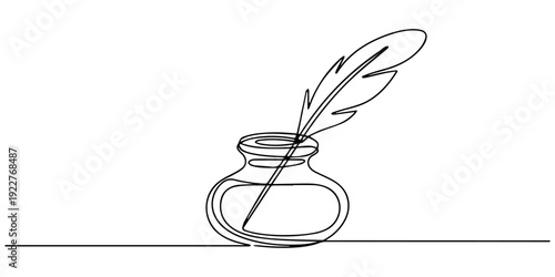 inkwell continuous one line drawing, Inkwell and pen continuous line drawing. One line feather with ink vector illustration, Continuous One line drawing of Traditional Quill and Ink. Traditional feath