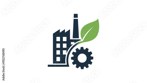 Sustainable industry combining a factory, green leaf, and mechanical gear representing ecofriendly production and environmental technology for business applications