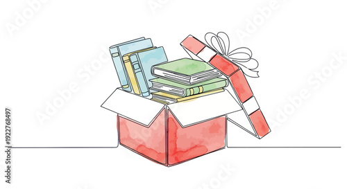 A festive red present box filled with multiple colorful books perfect for educational promotions, literacy programs, or celebrating academic achievements.