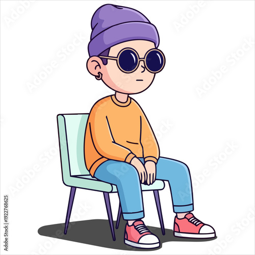 Illustration of a young boy walking with confidence and style wearing casual clothing and accessories on a transparent background from a side viewpoint