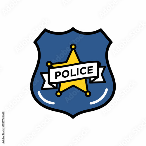 Police badge illustration with a golden star in the center, a blue shield background, and the word POLICE prominently displayed