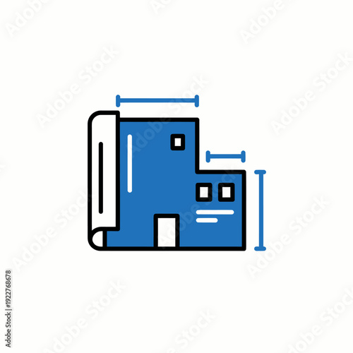 Architectural blueprint illustration of a building in blue and white colors