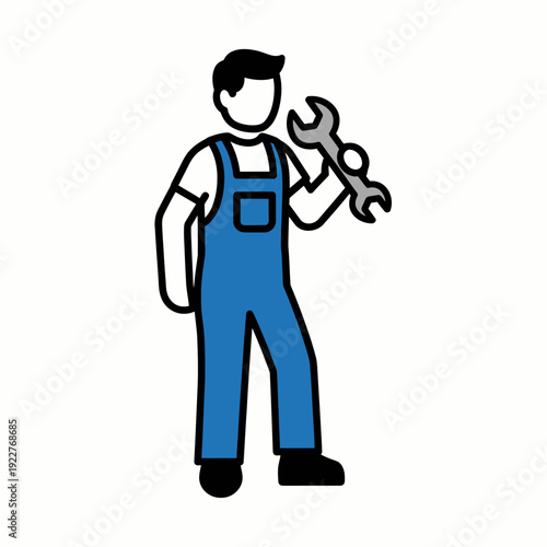A mechanic holding a wrench. Illustration of a worker with repair tools in a simple, flat design