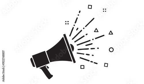 Black silhouette of megaphone with abstract shapes and lines exploding outwards symbolizing announcement message promotion sound blast
