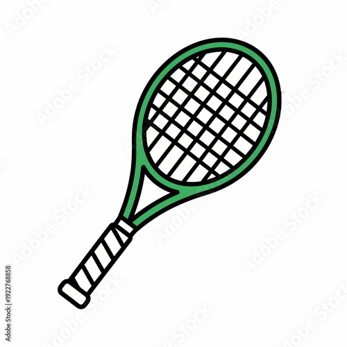 A tennis racket with a green handle and black strings, isolated on a light background. 
