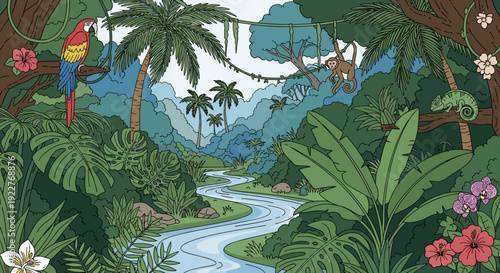 Tropical Jungle Scene with Parrot River.