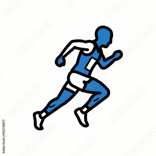 A stylized illustration of a runner in mid-stride, showcasing athleticism and speed. The runner is depicted in blue and white, symbolizing motion and energy