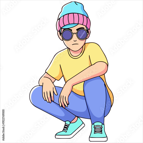 Illustration of a young boy walking with confidence and style wearing casual clothing and accessories on a transparent background from a side viewpoint