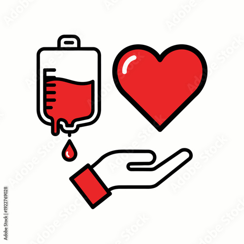 Blood donation concept with hand holding a heart and blood bag