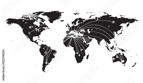 Global network connections displayed on a black and white world map, illustrating worldwide communication and logistic routes