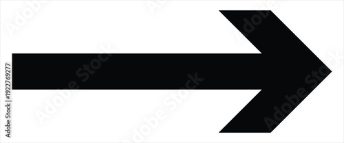 Long black arrow icon. Black directional arrow pointing to the right side. Vector style long arrow isolated on white backdrop.
