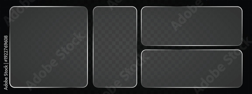 Liquid Glass Vector Frame Collection in Glassmorphism Style – Neon Luminescent Rectangular and Circular Frosted Glass UI UX Elements, Transparent Digital Button Boxes Isolated on Background