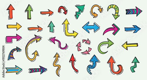 Playful collection of vibrant hand drawn doodle arrows showing various directions and movements, perfect for engaging infographics, presentations, and interactive user interface elements.