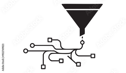 Digital marketing funnel connected to circuit board lines representing automated lead generation and conversion process for modern electronic commerce technology
