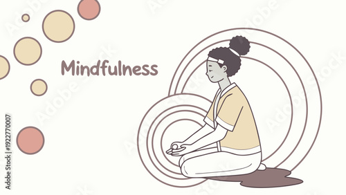 Woman meditating in minimalist line art with soft pastel colors on white background for wellness branding