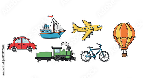 Collection of colorful transportation vehicle models including a car, sailboat, airplane, train, bicycle, and hot air balloon, perfect for educational content and childrens projects
