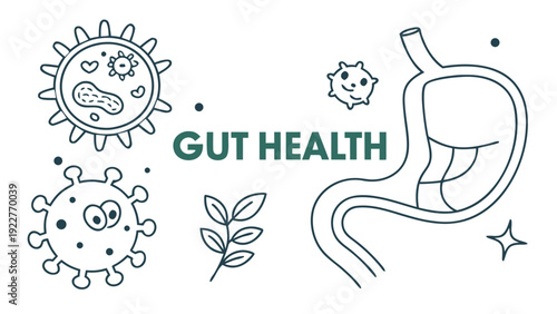 Gut Health Illustration with Digestive System and Microorganisms in Simple Line Art Style with Green Color on White Background for Health and Wellness