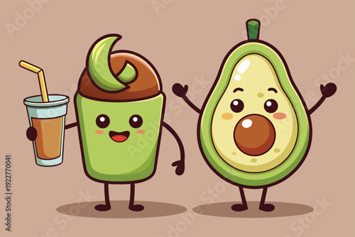 Cute avocado and smoothie characters enjoying healthy lifestyle