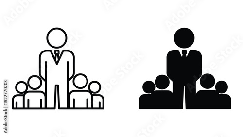 Simple black and white icons depicting a business leader standing prominently before a group of team members or employees