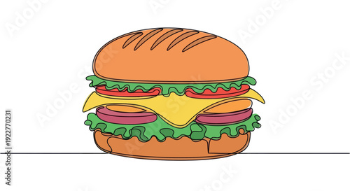 Delicious cheeseburger with fresh ingredients depicted in a modern continuous one line drawing style with vibrant colors perfect for fast food menu graphics or restaurant promotional