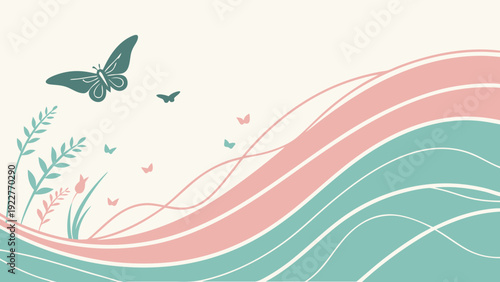 Butterfly and Floral Elements in Minimalist Style with Soft Pastel Colors and Gentle Waves for Background Design