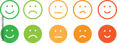 Colorful Customer Satisfaction Rating Icon Set with Happy, Neutral, and Sad Face Emojis