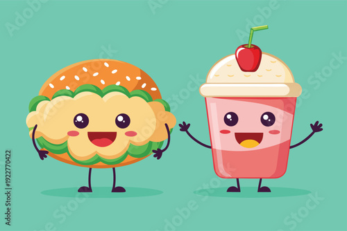Cute cartoon burger and milkshake characters standing together