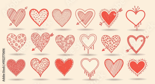 A collection of handdrawn red heart shapes with various textures and arrows, perfect for love themed decorations, romantic greetings, and special occasion graphics