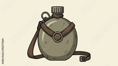Durable and functional army green canteen with a rugged brown leather strap and metal buckle, perfect for showcasing outdoor adventure, survival gear, or hiking equipment needs.